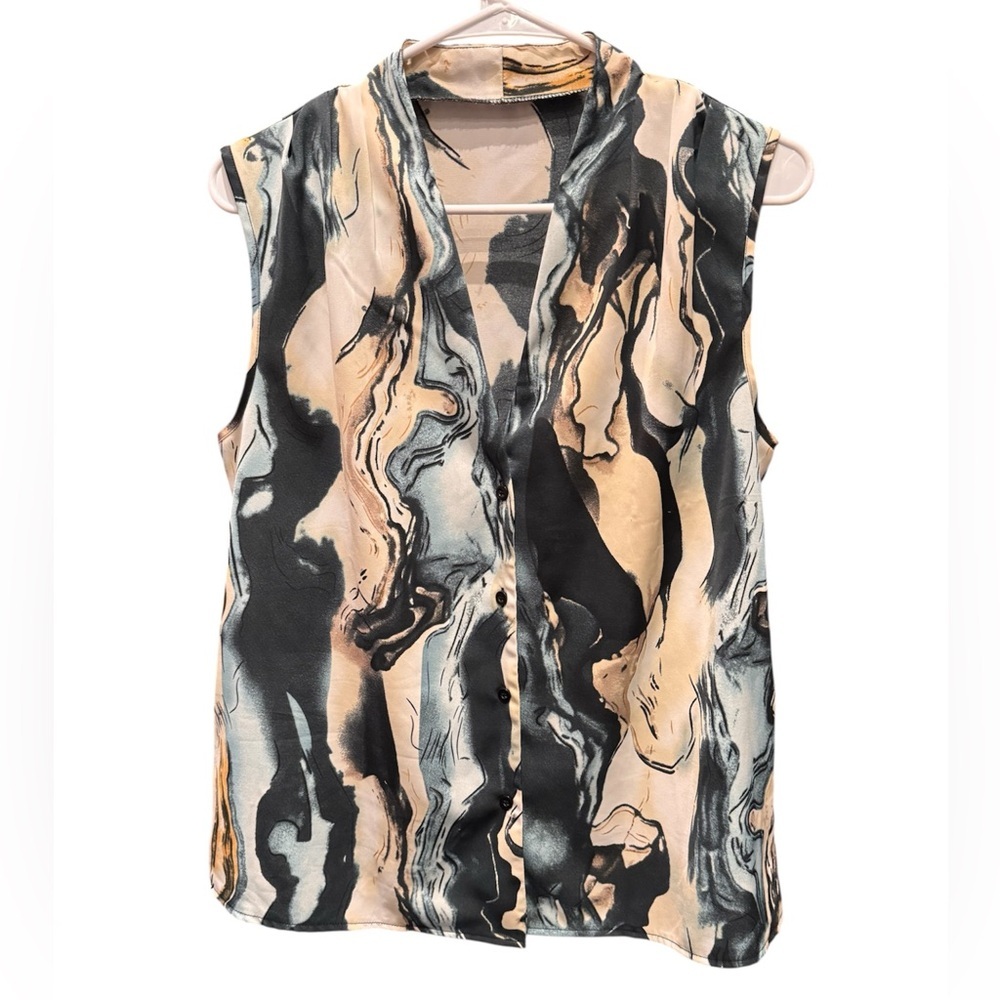 SHEIN Marble Print Sleeveless Blouse - Black and Cream LARGE